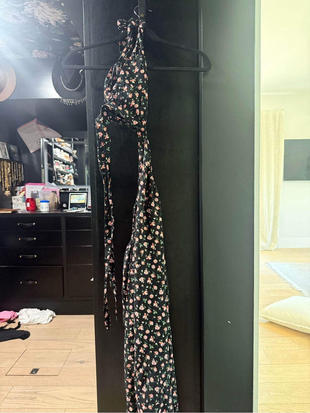 Zara Black Halter Maxi Dress with Pink Floral Print